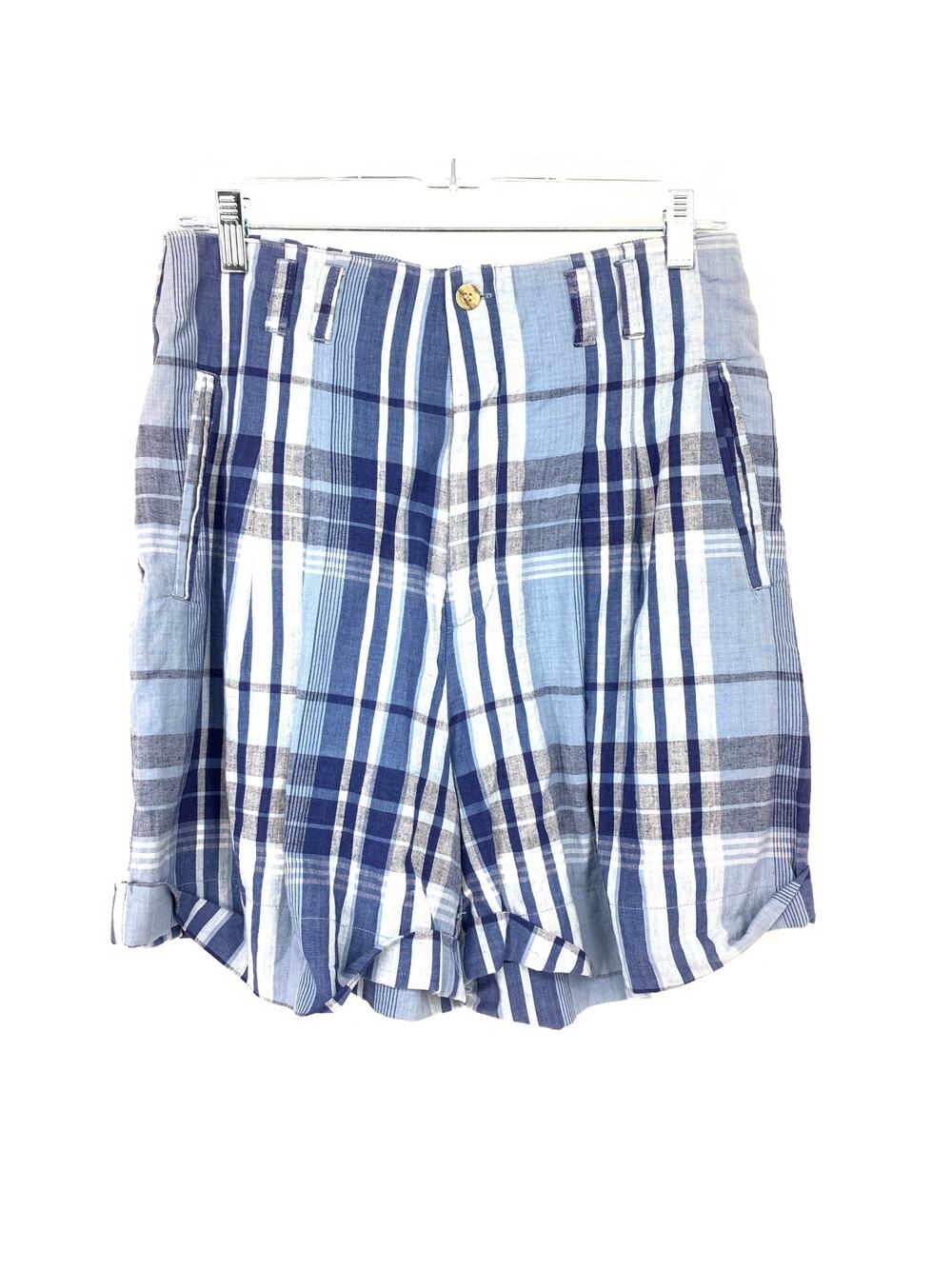 Vintage 90s High Waisted Bermuda Shorts Womens 29" Blue White Plaid Pleated